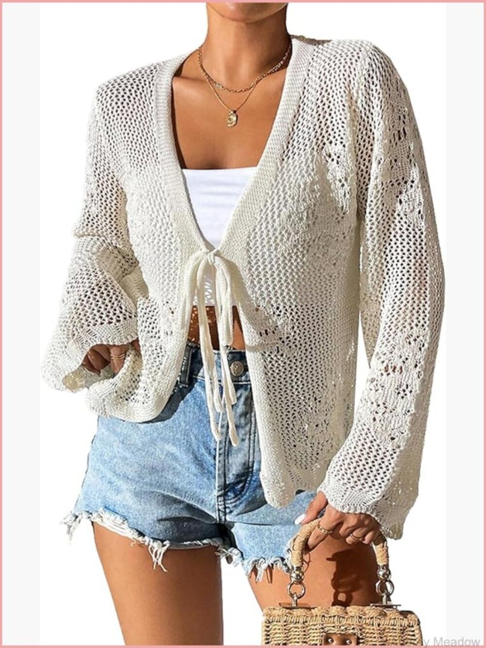Crochet Long Sleeve Tie Front Cardigan Lightweight Beach Cover Up